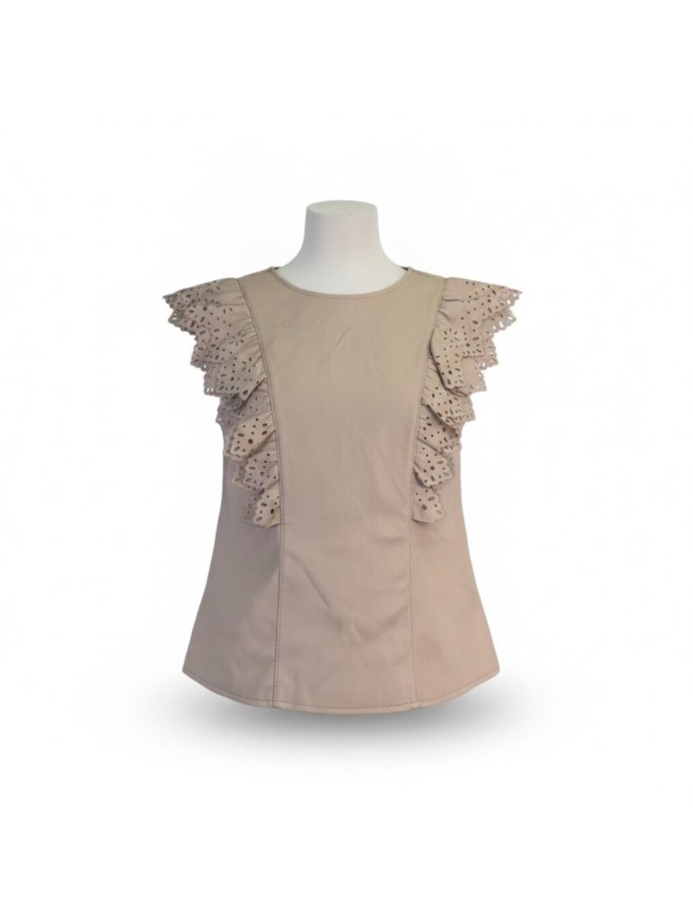 Marc New York Womens Latte Faux Leather Ruffle Blouse Eyelet Accent Top Sz XS
